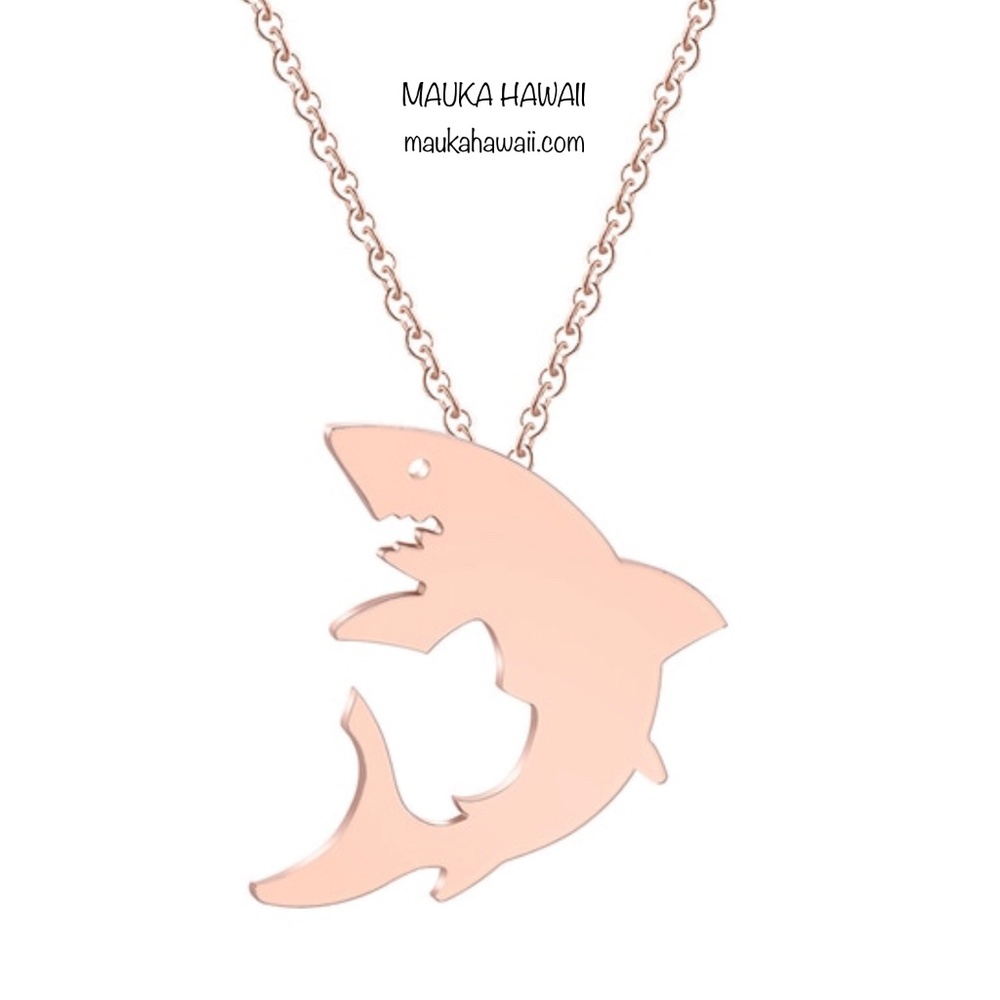 Stainless Ocean Shark Rose Gold Silhouette Pendant Charm Necklace 18in Chain NEW